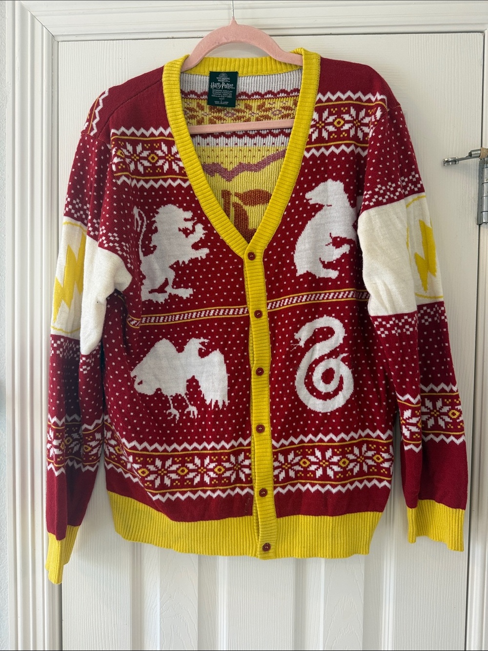 Men's Hogwarts House Red & Yellow Patterned Button Cardigan Sweater